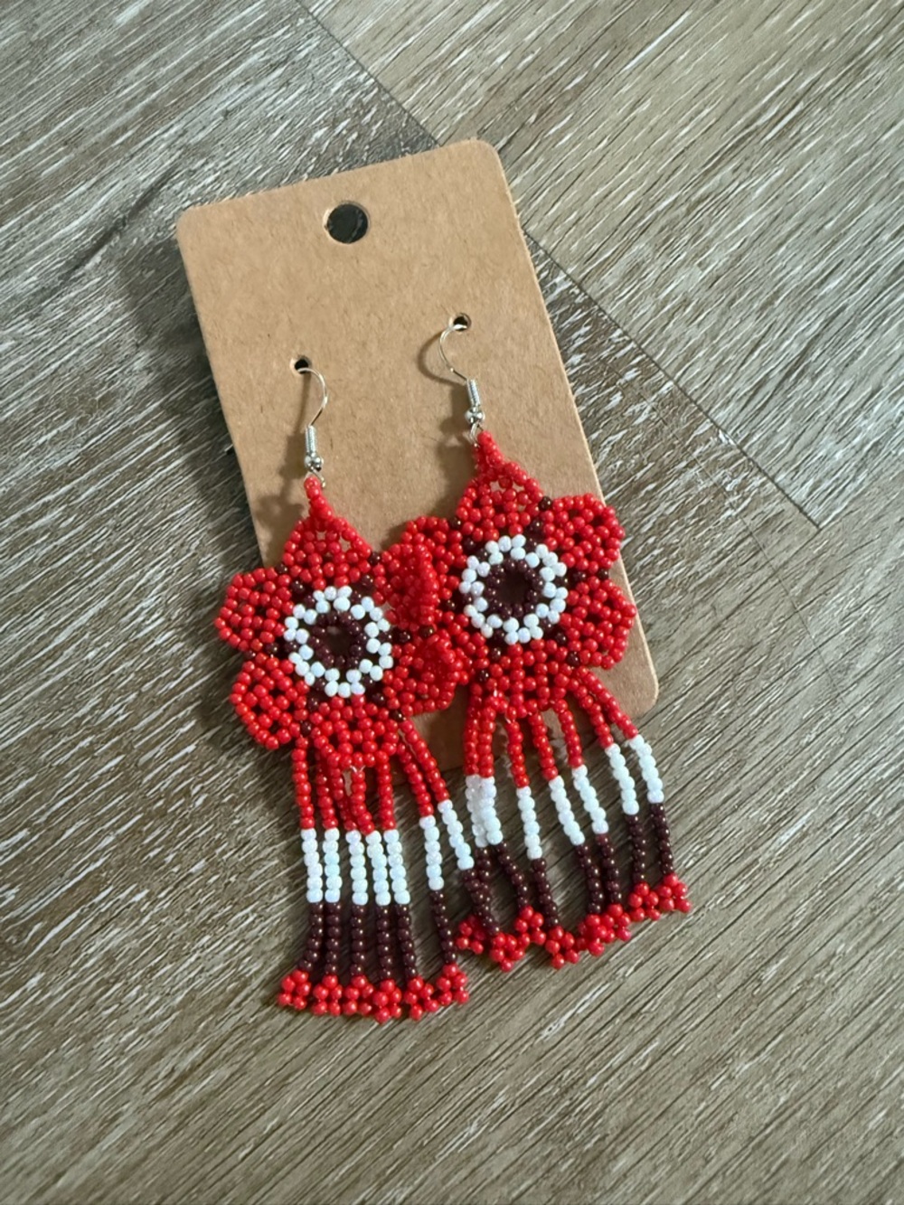 Red Daisy Beaded Flower Fringe dangle Earrings